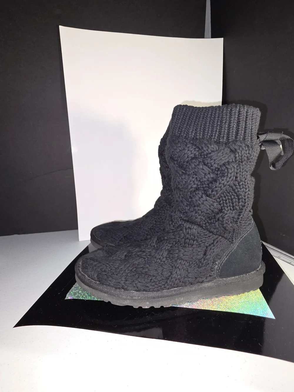 UGG Australia Isla Black Cable Knit Mid-Calf Winter Boots Size 6